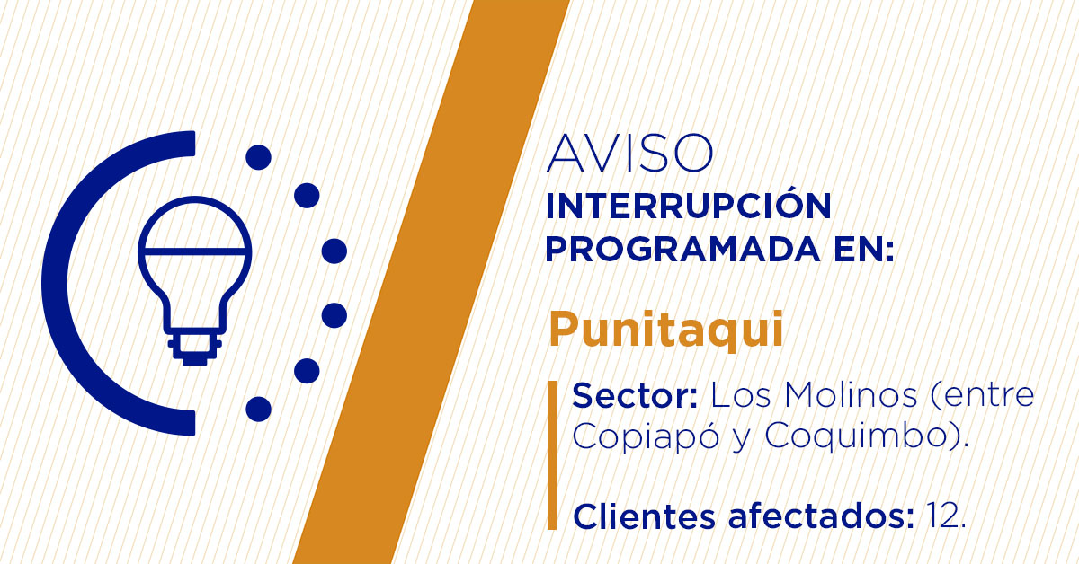 Para mejorar la calidad del suministro de nuestros clientes de #Punitaqui, este viernes, entre 10:00 y 15:00 horas, se realizará una #InterrupciónProgramada (sectores en la imagen 👇) debido a trabajos de mejoras. Esto afectará a 12 clientes. Recuerda desconectar tus artefactos