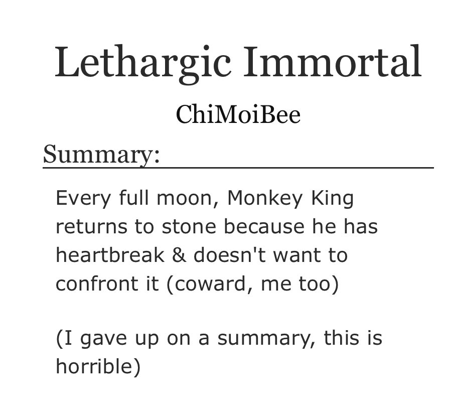 LMK_FanficRecs's tweet image. Fic of the day(268): Lethargic Immortal by ChiMoiBee on Ao3
-Oneshot
-Teen+ rating
-Shadowpeach (ish)
-Dragonfruit (ish)
Something happens to the Monkey King every full moon
Link: archiveofourown.org/works/45067798…
#shadowpeach #dragonfruit #LEGOMonkieKid