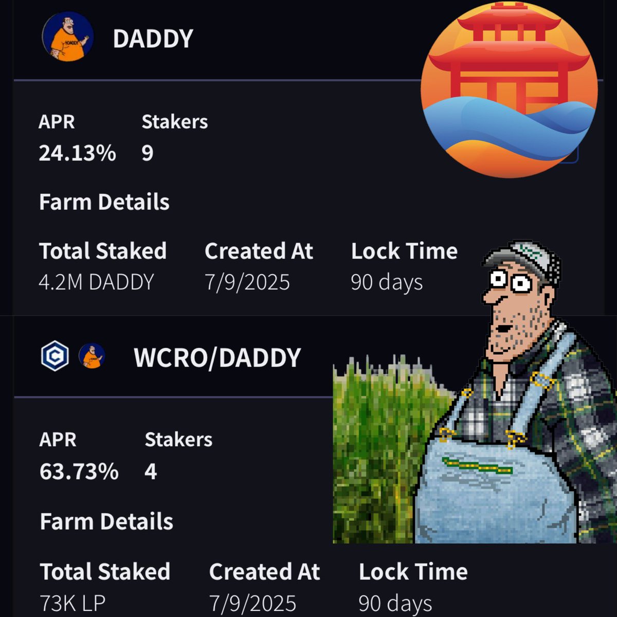 Community Farms on <a href="/EbisusBay/">Ebisu's Bay | GameFi - NFT Market - DEX</a>

$DADDY single (24% APR)
DADDY- $CRO LP  (63% APR)

It ain’t much, but it’s honest work

Check out EB and Dead Beat Dads <a href="/WhosurdaddyCRO/">$DADDY | Dead Beat Dads</a> Cronos!