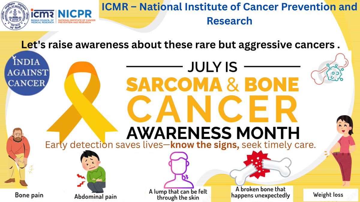 icmr_nicpr's tweet image. July is #Sarcoma &amp; #Bone #Cancer #Awareness #Month
Though rare, these cancers demand early detection and stronger public awareness
#infographic 👇🏻
#CancerPrevention 💛#SarcomaAwarenessMonth #BoneCancerAwarene