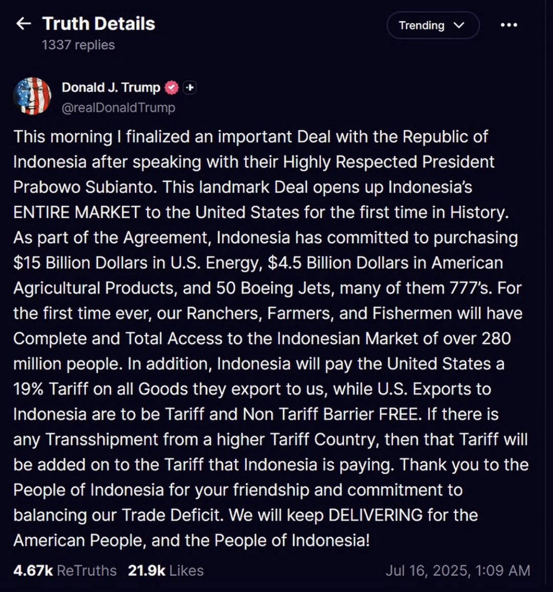“We’re a big nation!”
“We’re not a pushover”
“We will allow free entry for all American products!”
“The US will get TOTAL ACCESS to our market!”

See that spit? Lick it and swallow it back.