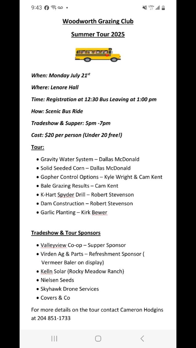 Scott Chalmers (@scottchalmers15) on Twitter photo Woodworth Grazing Club having a tour around the Lenore area. Looks like they  have a sweet bus to cart you around. July 21, 2025. If you’re under 20 it’s free! Woodworth Grazing Club having a tour around the Lenore area. Looks like they  have a sweet bus to cart you around. July 21, 2025. If you’re under 20 it’s free!