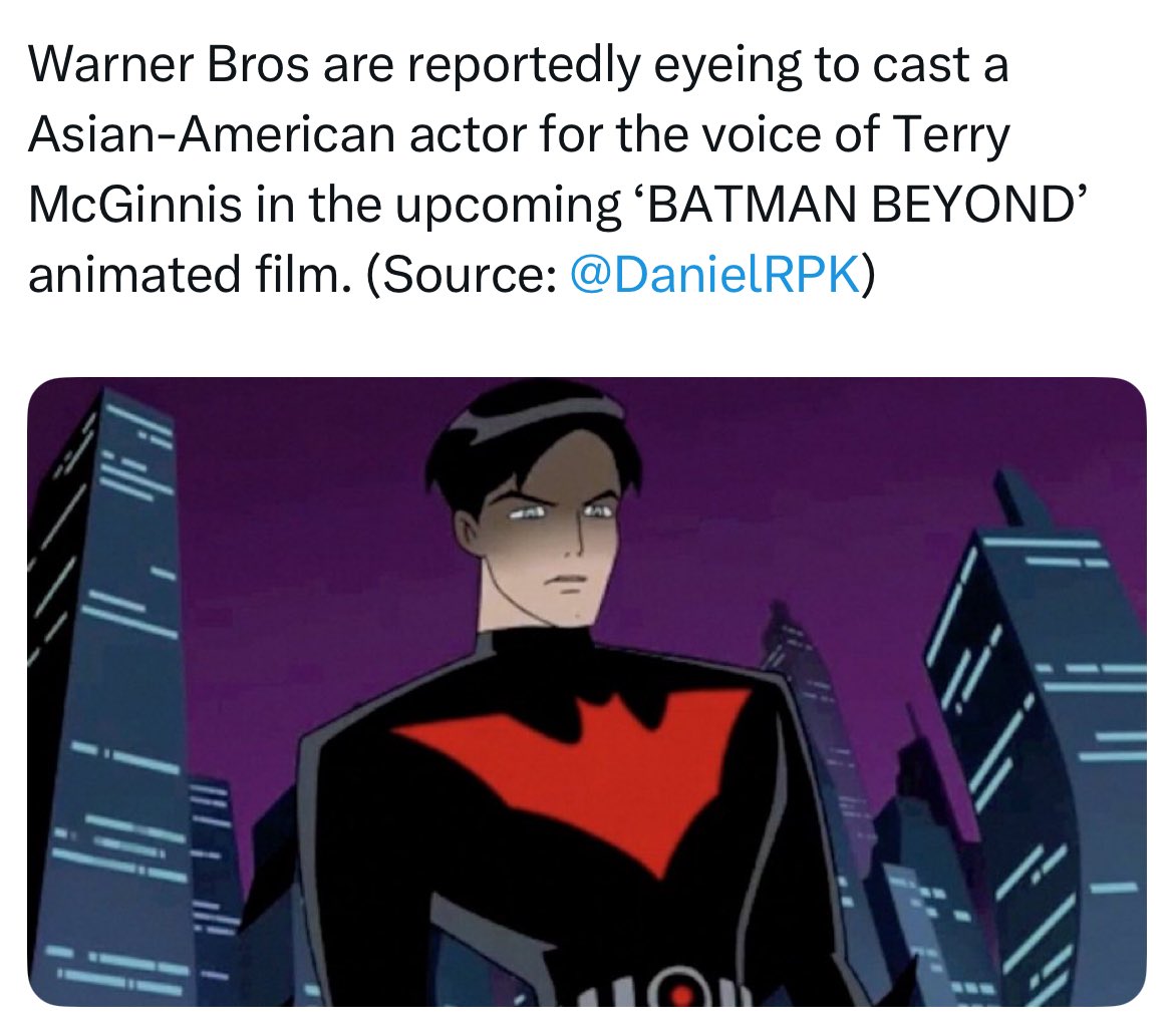 natejon21's tweet photo. @ScottyKrippin There’s actually early development rumors of Batman Beyond Animated movie. Sadly, Dynamic Duo got a slot on June 2028 due to greenlit. 
Would be cool that Steven Yeun will voice Terry McGinnis. 

I hope Gunn would respond it due to new Superman movie success and DC future. https://t.co/55Lq9h89av