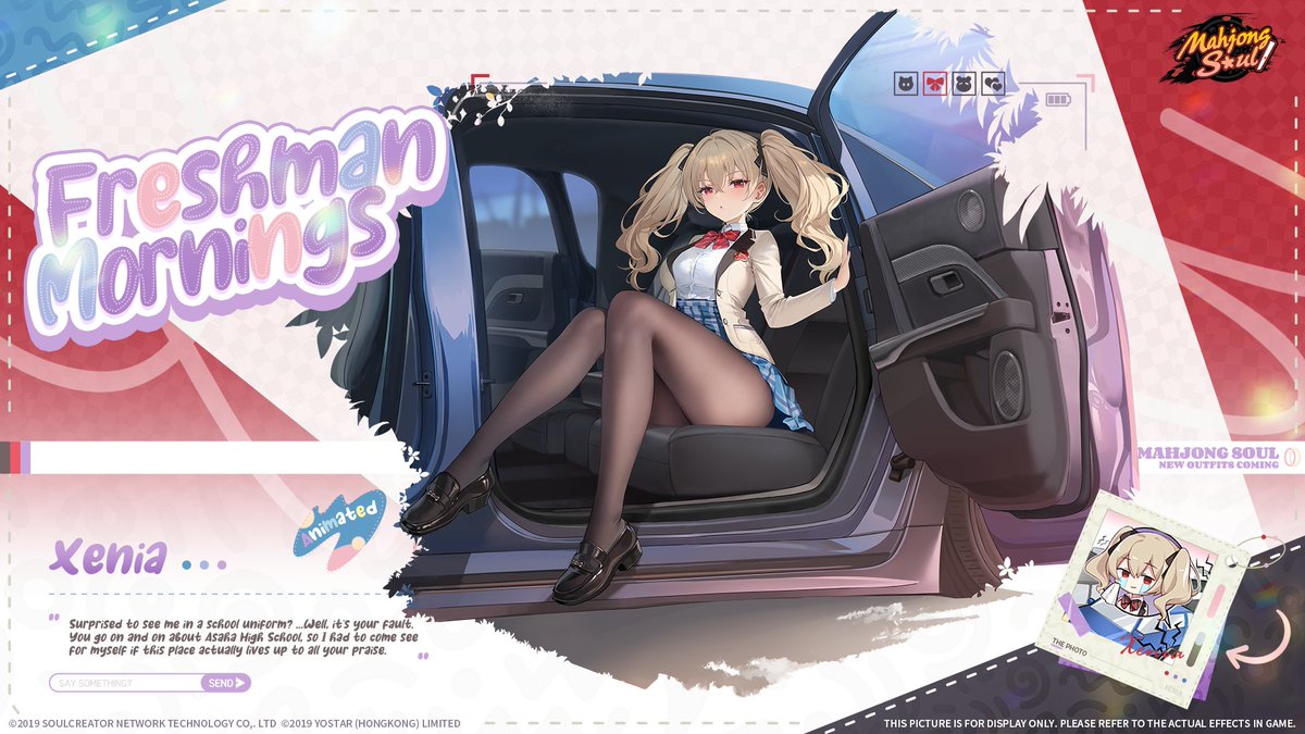 [New Outfit - Freshman Mornings - Xenia (Animated)]

"Surprised to see me in a school uniform? ...Well, it's your fault."

Follow &amp; share for a chance to win the new Outfit! 3 winners drawn on X or FB after maintenance.

#MahjongSoul #Yostar