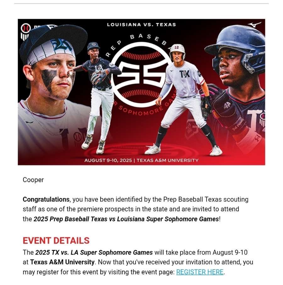 Cooper Mitchamore (@cooper_bsbl51) on Twitter photo Blessed to receive my invite to the sophomore games at Texas A&M. Thank you <a href="/PrepBaseball_TX/">Prep Baseball Texas</a> <a href="/prepbaseball/">Prep Baseball</a> <a href="/PBRGowins/">Brandon Gowins</a> <a href="/CRanchBaseball/">Cypress Ranch Baseball</a> <a href="/Coach_Wozniak/">Coach Conrad Wozniak</a> <a href="/andreworr46/">Andrew Orr</a> <a href="/ScorpionsBsb1/">Scorpions HS Baseball</a> <a href="/texas_scouts/">Texas Baseball Scouts Association</a> <a href="/CoachDeggs28/">Coach Matt Deggs</a> <a href="/LoneStarPrepsTX/">LoneStarPreps.com</a> <a href="/Ath_Dynasty/">The Athletic Academy</a> <a href="/nsrnow/">NSR</a> Blessed to receive my invite to the sophomore games at Texas A&M. Thank you <a href="/PrepBaseball_TX/">Prep Baseball Texas</a> <a href="/prepbaseball/">Prep Baseball</a> <a href="/PBRGowins/">Brandon Gowins</a> <a href="/CRanchBaseball/">Cypress Ranch Baseball</a> <a href="/Coach_Wozniak/">Coach Conrad Wozniak</a> <a href="/andreworr46/">Andrew Orr</a> <a href="/ScorpionsBsb1/">Scorpions HS Baseball</a> <a href="/texas_scouts/">Texas Baseball Scouts Association</a> <a href="/CoachDeggs28/">Coach Matt Deggs</a> <a href="/LoneStarPrepsTX/">LoneStarPreps.com</a> <a href="/Ath_Dynasty/">The Athletic Academy</a> <a href="/nsrnow/">NSR</a>