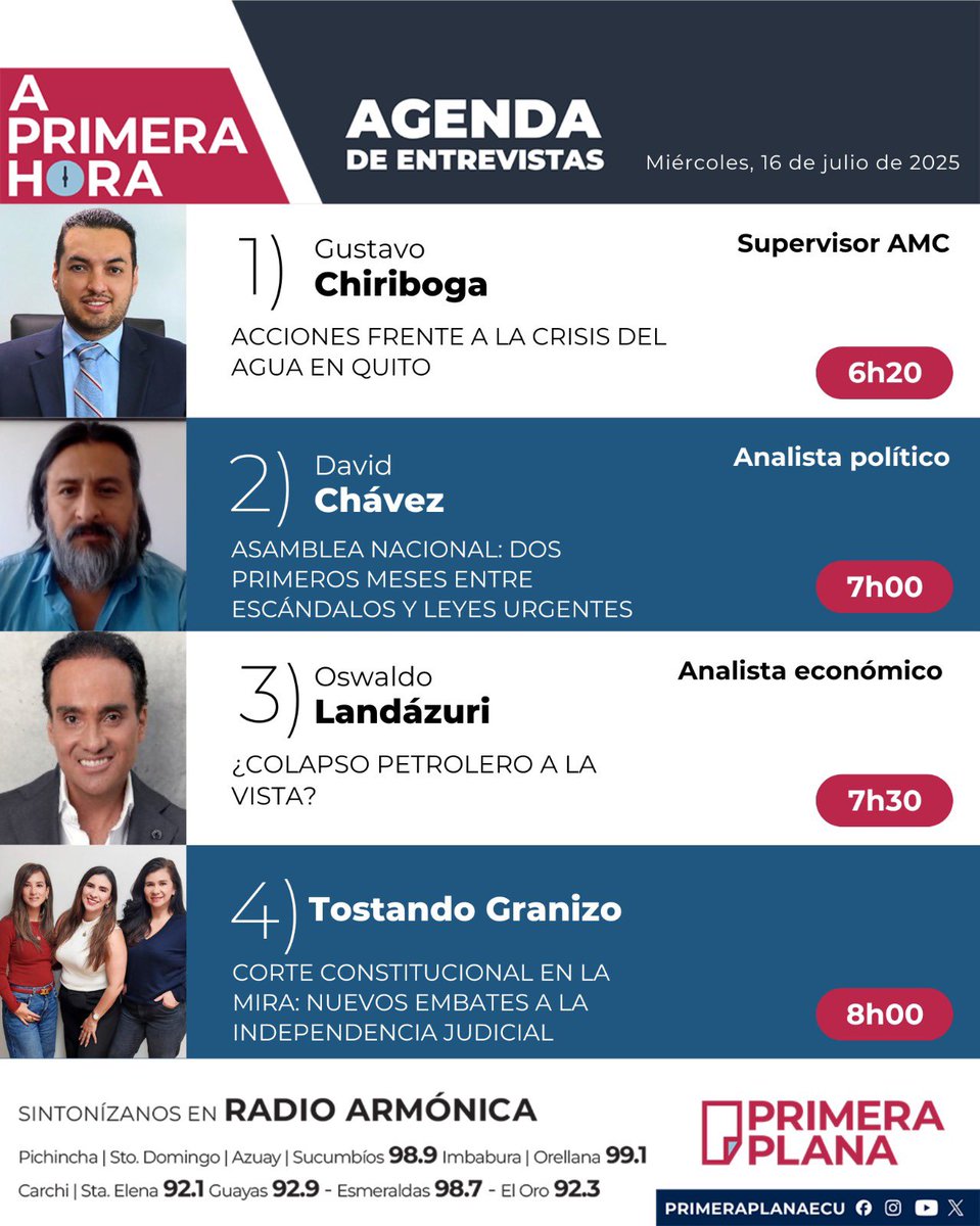 PrimeraPlanaECU (@primeraplanaecu) on Twitter photo 🎙️Agenda del noticiero #APrimeraHora | Miércoles, 16 de julio de 2025.
➡️ <a href="/guschiribogam/">Gustavo Chiriboga M ∴</a>, <a href="/amcquito/">Agencia Metropolitana de Control</a>
➡️ <a href="/davidch03/">David Chávez</a>
➡️ <a href="/landazurio/">Oswaldo Landázuri</a>
➡️ <a href="/tostandogranizo/">@TostandoGranizo</a>, <a href="/NguyenGuerrero/">Annabell Guerrero Pita ⚖🏄🏽♀️🍉</a>, <a href="/LoloMino/">Lolo Miño⚖️</a>, <a href="/sntasha/">Sonia Romero Pico</a>
Los esperamos desde las 06h00 am, con <a href="/fabriciovelav/">Fabricio Vela</a> y <a href="/AndreaOrbe5/">Andrea Orbe Saltos</a> 🎙️Agenda del noticiero #APrimeraHora | Miércoles, 16 de julio de 2025.
➡️ <a href="/guschiribogam/">Gustavo Chiriboga M ∴</a>, <a href="/amcquito/">Agencia Metropolitana de Control</a>
➡️ <a href="/davidch03/">David Chávez</a>
➡️ <a href="/landazurio/">Oswaldo Landázuri</a>
➡️ <a href="/tostandogranizo/">@TostandoGranizo</a>, <a href="/NguyenGuerrero/">Annabell Guerrero Pita ⚖🏄🏽♀️🍉</a>, <a href="/LoloMino/">Lolo Miño⚖️</a>, <a href="/sntasha/">Sonia Romero Pico</a>
Los esperamos desde las 06h00 am, con <a href="/fabriciovelav/">Fabricio Vela</a> y <a href="/AndreaOrbe5/">Andrea Orbe Saltos</a>