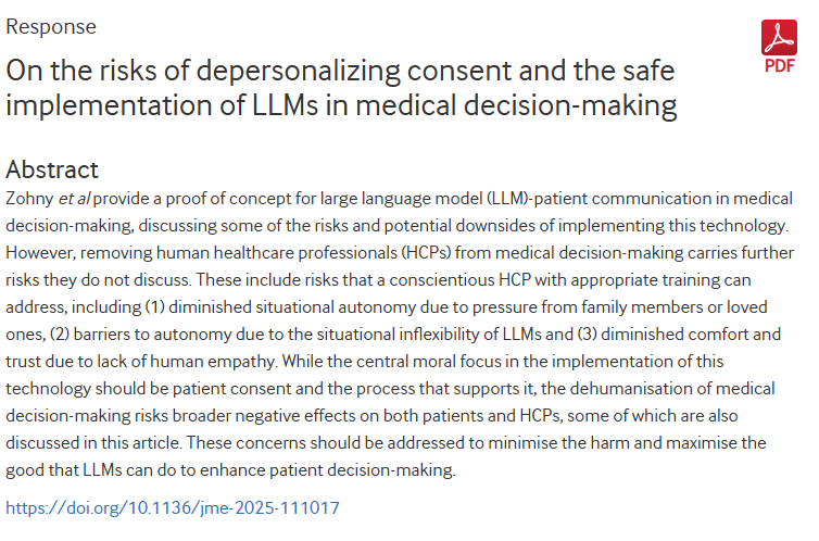 hku_mehu's tweet photo. Prof @CarlHbrand just published an article @JME_BMJ on the safe implementation of LLMs in medical decision-making.
Read it here:
https://t.co/HVDEYWUXkM
@hku_mehu & @HKUCMEL
#Bioethics #MedicalEthics #AI #AIinHealthcare #AIandMedicine #LLM #MedicalDecisionMaking https://t.co/J6AyrCRF9l