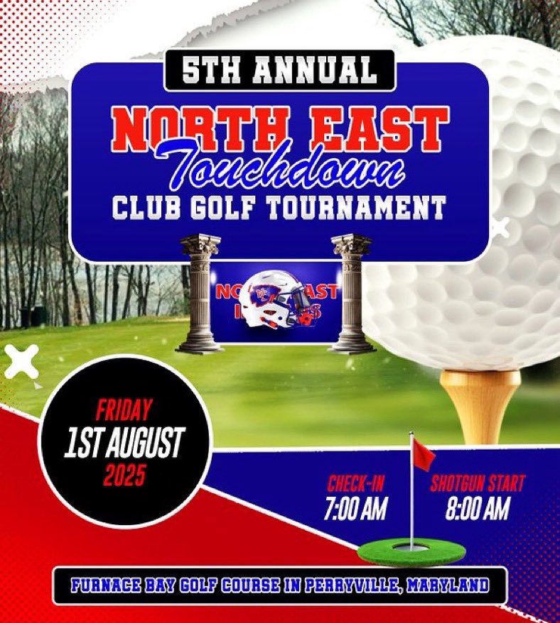 NEHS_FB_'s tweet image. North East Touchdown Club Golf Tournament on Friday, August 1, 25. The tournament will be held at Furnace Bay Golf Course in Perryville, Maryland. Check in starts at 7am followed by a shotgun start at 8am. Please spread the word! Email nehsfball1898@gmail.com for the signup link