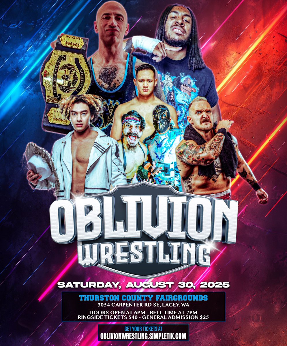 PNWOblivion's tweet image. Oblivion Wrestling returns to the Thurston County Fairgrounds on August 30th!
Cole Wright and Damian Desire will go one-on-one to settle their differences caused at our June show. Alpha Zo challenges Steve Migs for the Oblivion Championship. All this and more in a night of action…