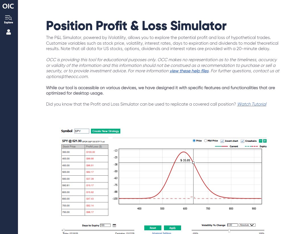mat_cashman's tweet image. Today’s tool from @Options_Edu: The Position P&L Simulator.
Plot single or multi leg trades and visualize how they respond to changes in price, time, or volatility.
Free with login: optionseducation.org
Tool link: optionseducation.org/toolsoptionquo…
Questions? options@theocc.com