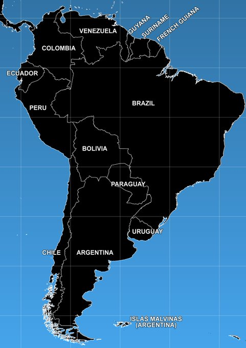 Mapa de Suramérica #MiMapa 
#Colombia #Ecuador #Peru #Bolivia #Brasil #Paraguay #Uruguay #Chile #Argentina #Guyana #Surinam 
#EsequiboEsVenezuela 
#TigriIsVanSuriname