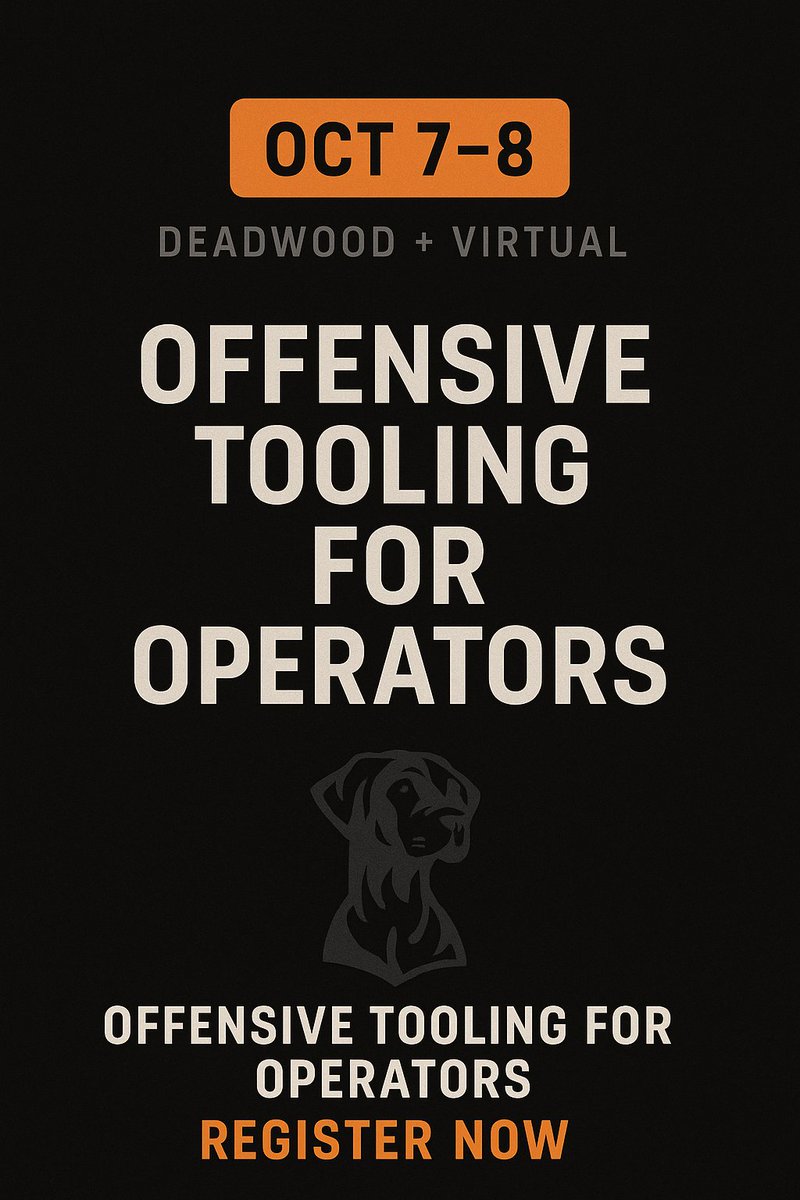 RidgebackSec's tweet image. 🚨 Class is filling up!
Offensive Tooling for Operators w/ @cstraynor
🗓️ Oct 7–8
📍 @WWHackinFest Deadwood, SD or Virtual
If you’re ready to move from “tool user” to “operator” — now’s the time.
🎟️ ridgebackinfosec.com/events/#wwhf-d…
#RedTeam #Pentesting #CyberSecurityTraining