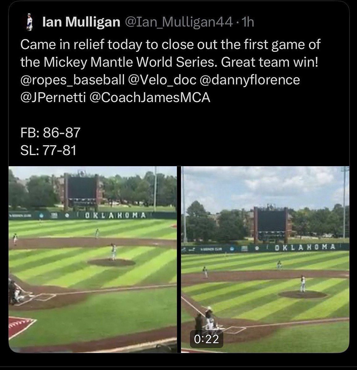 Ropes 16u Florence wins game one at the Mickey Mantle World Series at the University of Oklahoma! Game two tomorrow at 4:45pm⚾️