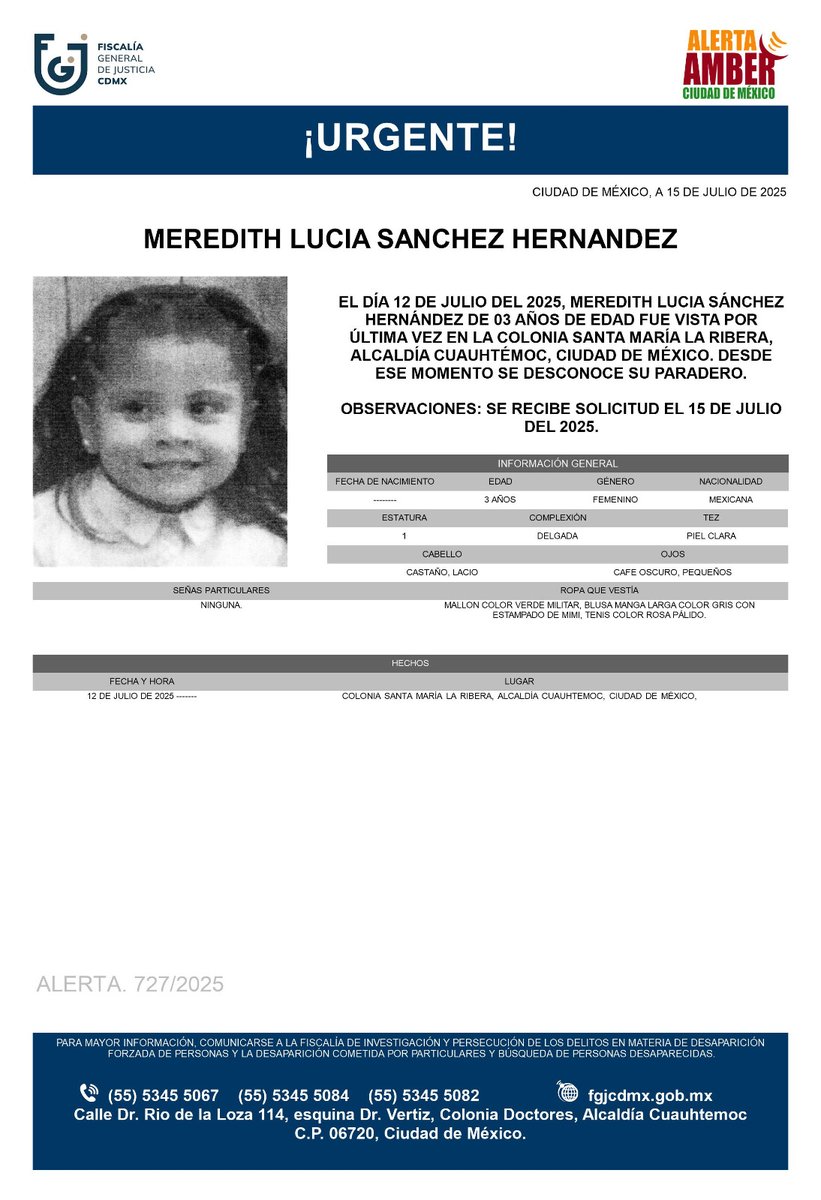 FiscaliaCDMX's tweet photo. Se activa #AlertaAmber para localizar a una menor de 3 años de edad, de nombre Meredith Lucía Sánchez Hernández, quien fue vista por última vez el día 12 de julio de 2025, en la colonia Santa María la Ribera, alcaldía Cuauhtémoc https://t.co/HVLUcHxfDJ