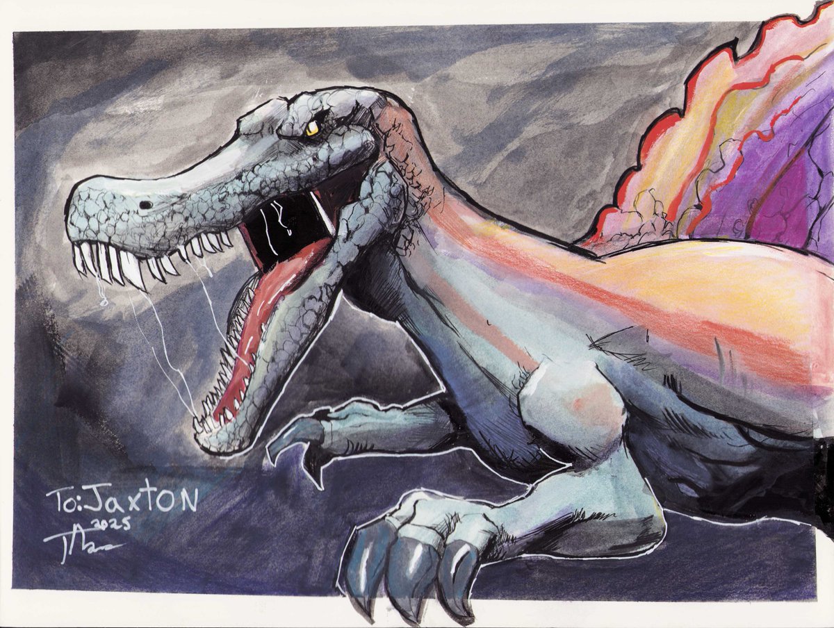 golemwulf's tweet image. This was done for my best buddy's son. He specifically asked for a Spinosaurus, so here it is. This was done with ink, watercolor, gouache, some colored pencil, and some white out. This was a lot of fun to do!
#drawingart #comicartists #OriginalArt #originalart #originalartwork…