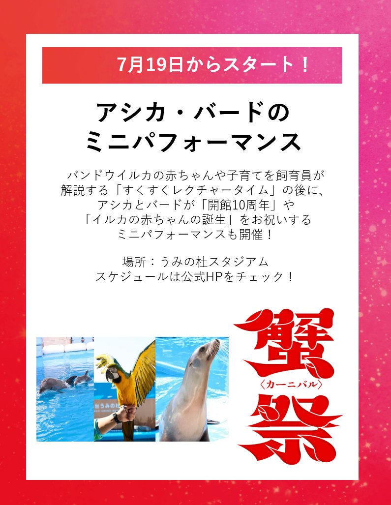 sendaiuminomori's tweet image. 【仙台うみの杜水族館】
いよいよ今週末からは夏休みスタートですね!
うみの杜もイベント盛りだくさんですよ~☺
#蟹祭 、ミニパフォーマンス、さかな芸人ハットリのお魚ライブなど!
ご来館お待ちしております(^^)/
#s_uminomori
uminomori.jp/umino/kani2025/