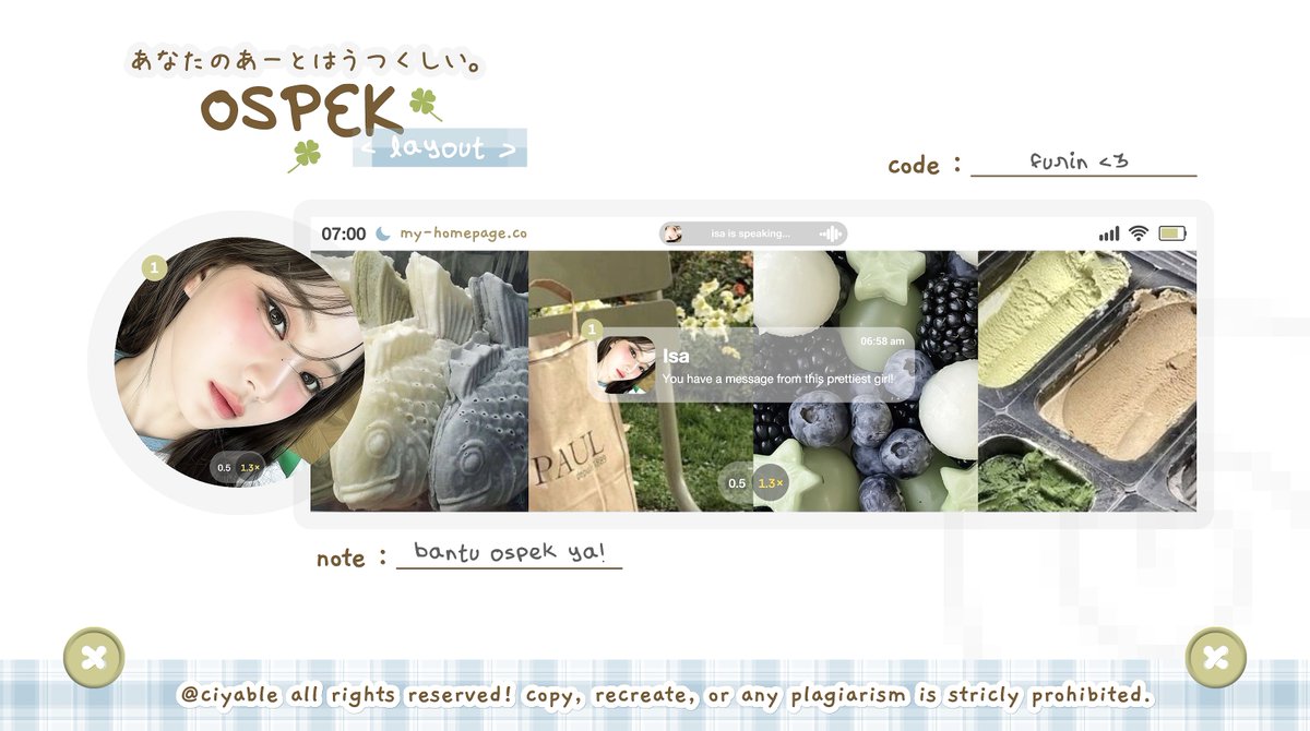 help repost &amp; ospek, makasii! ‹𝟹

guys aku habis merombak dikit katalog Furin (sebelumnya Homepage) dan nambah 1 anak baru simple si Ochitsuki, tolong bantu di ospek ya! kalau gak aman boleh dm aku baik2 🫶🏻

layout wonhee, wonyoung, isa ufs ya! harga 6K-6,5k sajaa

#zonauang