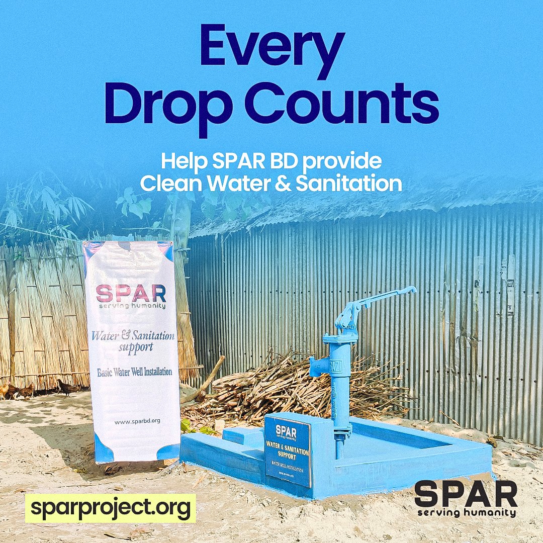 SPARProject's tweet image. Every Drop Counts”  
Help SPAR BD Provide Clean Water &amp;amp; Sanitation  
Support Wells • Toilets • Hygiene Kits 
Donate Noe: sparproject.org/water-well-don…