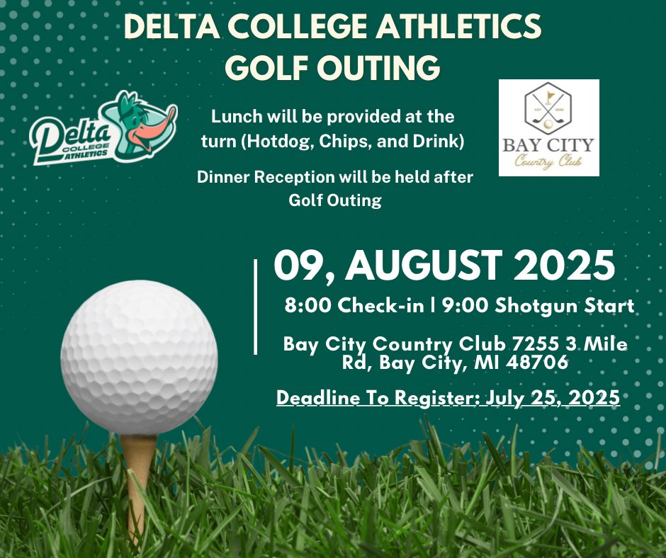 If you’re interested in any of our sponsorship opportunities, or in registering a team for our 1st Annual Delta College Athletics Golf Outing, click the links below!!🟢⚪️🦆

Team Registration Form: forms.office.com/r/LTi7EDC7Dz

Sponsorship Form: forms.office.com/r/ASRUDj4Ndy

#DCAthletics