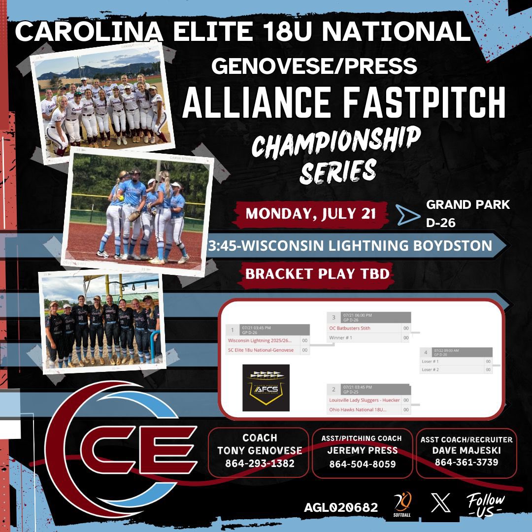 Finishing our summer season next week in Indiana at <a href="/thealliancefp/">The Alliance Fastpitch</a> Championship Series! Coaches, we hope to see you at Grand Park! <a href="/ScGenovese/">Carolina Elite SC National-Genovese</a>