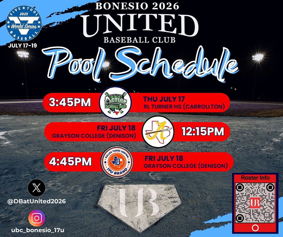 D-Bat United 17u - United Baseball Club 2026 (@dbatunited2026) on Twitter photo <a href="/DBatUNITED2026/">UBC - Bonesio 2026</a> 🚨POOL SCHEDULE🚨Five Tool World Series
<a href="/FiveToolTexas/">✭Five Tool Texas✭</a> <a href="/FiveTool/">Five Tool Baseball</a> <a href="/DustinLMcComas/">Dustin McComas</a> <a href="/UnitedBC_USA/">United Baseball Club</a>
Find our very talented guys this Thursday-Saturday at the @fivetool World Series at area high schools, Grayson College, and the Melissa Z-Plex ⚾️ Their pool schedule <a href="/DBatUNITED2026/">UBC - Bonesio 2026</a> 🚨POOL SCHEDULE🚨Five Tool World Series
<a href="/FiveToolTexas/">✭Five Tool Texas✭</a> <a href="/FiveTool/">Five Tool Baseball</a> <a href="/DustinLMcComas/">Dustin McComas</a> <a href="/UnitedBC_USA/">United Baseball Club</a>
Find our very talented guys this Thursday-Saturday at the @fivetool World Series at area high schools, Grayson College, and the Melissa Z-Plex ⚾️ Their pool schedule