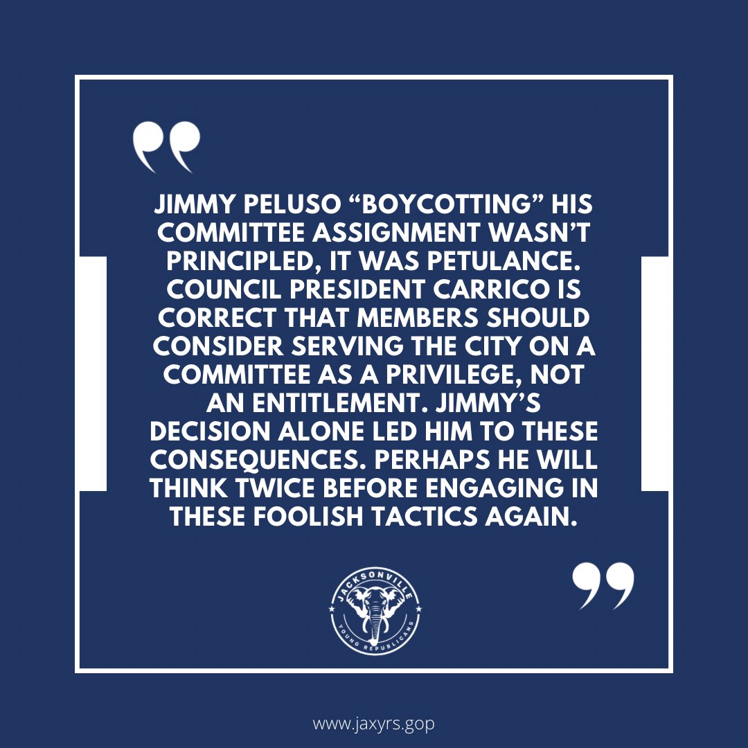 JaxYRs's tweet image. STATEMENT ON COUNCILMAN JIMMY PELUSO’S REFUSAL TO FULFILL HIS DUTIES:
#PetulantPeluso
(cc: @CMKevinCarrico)