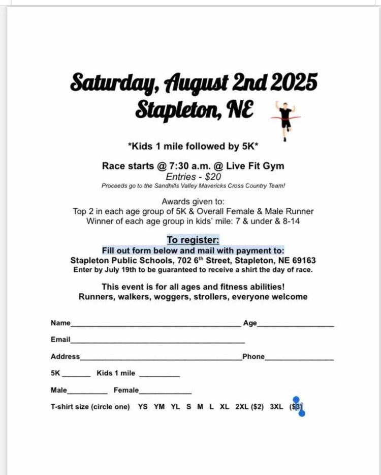 Come support the Sandhills Valley Mavericks Cross-Country team by participating in the Annual Stapleton Stampede 1 mile/5k! Information is attached on the form below🏃🏻‍♀️🏃🏻‍♂️