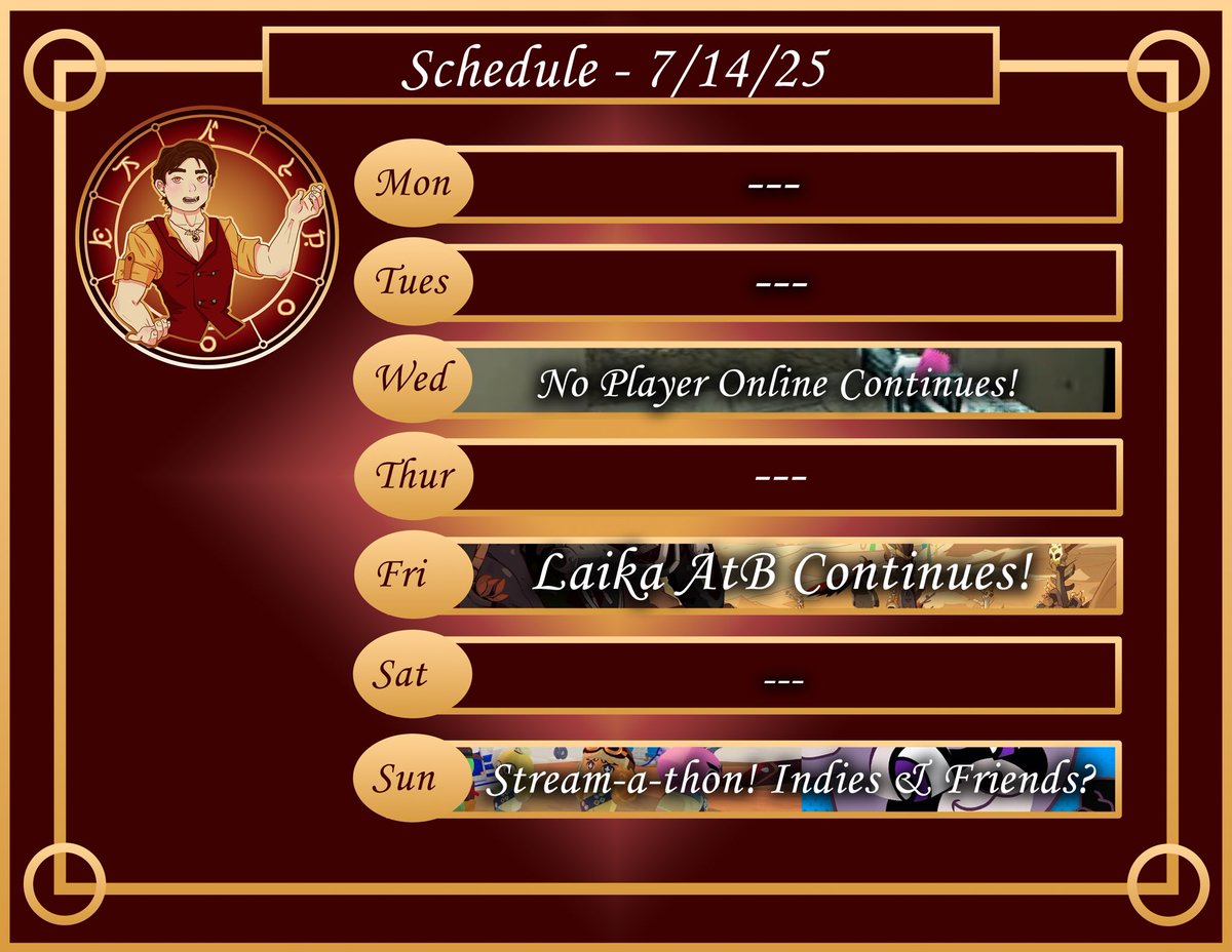 New schedule for this week! I’m backloading all my #stream time for this Sunday! I have a stream-a-thon planned for the afternoon. Gonna goof around for awhile, cause, why not?!
