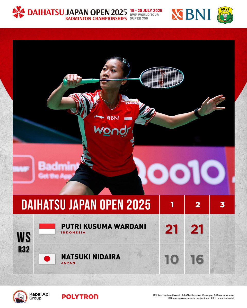 BADMINTON INDONESIA (@inabadminton) on Twitter photo Putri sukses balas kekalahan atas Natsuki sekaligus memastikan lolos ke babak 16 besar Japan Open 2025.
Good job!
#BadmintonIndonesia #JapanOpen2025 Putri sukses balas kekalahan atas Natsuki sekaligus memastikan lolos ke babak 16 besar Japan Open 2025.
Good job!
#BadmintonIndonesia #JapanOpen2025