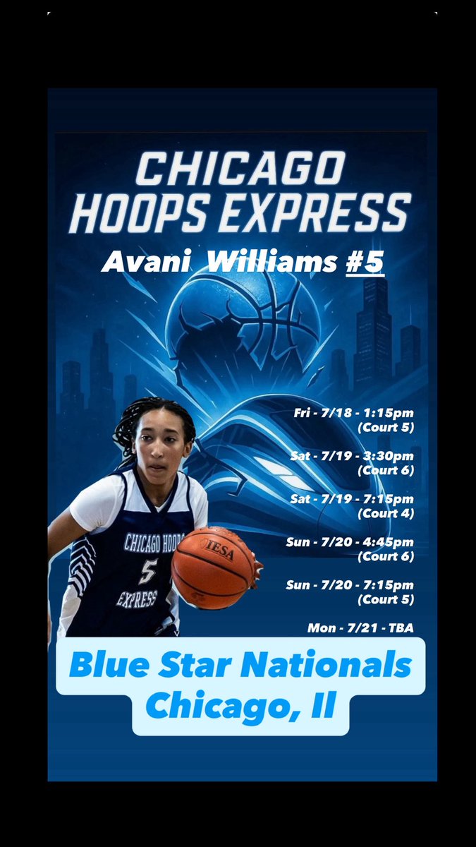 Avani Williams (@avaniwbball5) on Twitter photo Schedule for this upcoming weekend in Chicago! Excited to show out in our home town!
<a href="/ChiHoopsExpress/">(CHE) Jerald Davis</a> <a href="/USJN/">USJN</a> <a href="/pgh_lisa/">PrepGirlsHoopsLisa</a> <a href="/PGHByron/">Byron Xerxes Livsey</a> <a href="/JrAllStarBB/">Jr. All-Star Girls Basketball</a> <a href="/MMBR_CoachGBell/">Major Movez Basketball Review #MMBR</a>
#bluestarNationals2025 Schedule for this upcoming weekend in Chicago! Excited to show out in our home town!
<a href="/ChiHoopsExpress/">(CHE) Jerald Davis</a> <a href="/USJN/">USJN</a> <a href="/pgh_lisa/">PrepGirlsHoopsLisa</a> <a href="/PGHByron/">Byron Xerxes Livsey</a> <a href="/JrAllStarBB/">Jr. All-Star Girls Basketball</a> <a href="/MMBR_CoachGBell/">Major Movez Basketball Review #MMBR</a>
#bluestarNationals2025