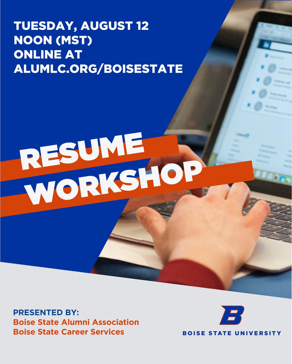 Boise State Alumni and Friends (@boisestatealum) on Twitter photo Join us for a virtual resume workshop designed for <a href="/BoiseState/">Boise State University</a> alumni on Aug. 12. <a href="/CareerSvcsBSU/">Boise State Career Services</a> will walk you through formatting tips, how to tailor your resume to specific roles & ways to showcase your accomplishments effectively.
Register at alumlc.org/boisestate/464โฆ. Join us for a virtual resume workshop designed for <a href="/BoiseState/">Boise State University</a> alumni on Aug. 12. <a href="/CareerSvcsBSU/">Boise State Career Services</a> will walk you through formatting tips, how to tailor your resume to specific roles & ways to showcase your accomplishments effectively.
Register at alumlc.org/boisestate/464โฆ.
