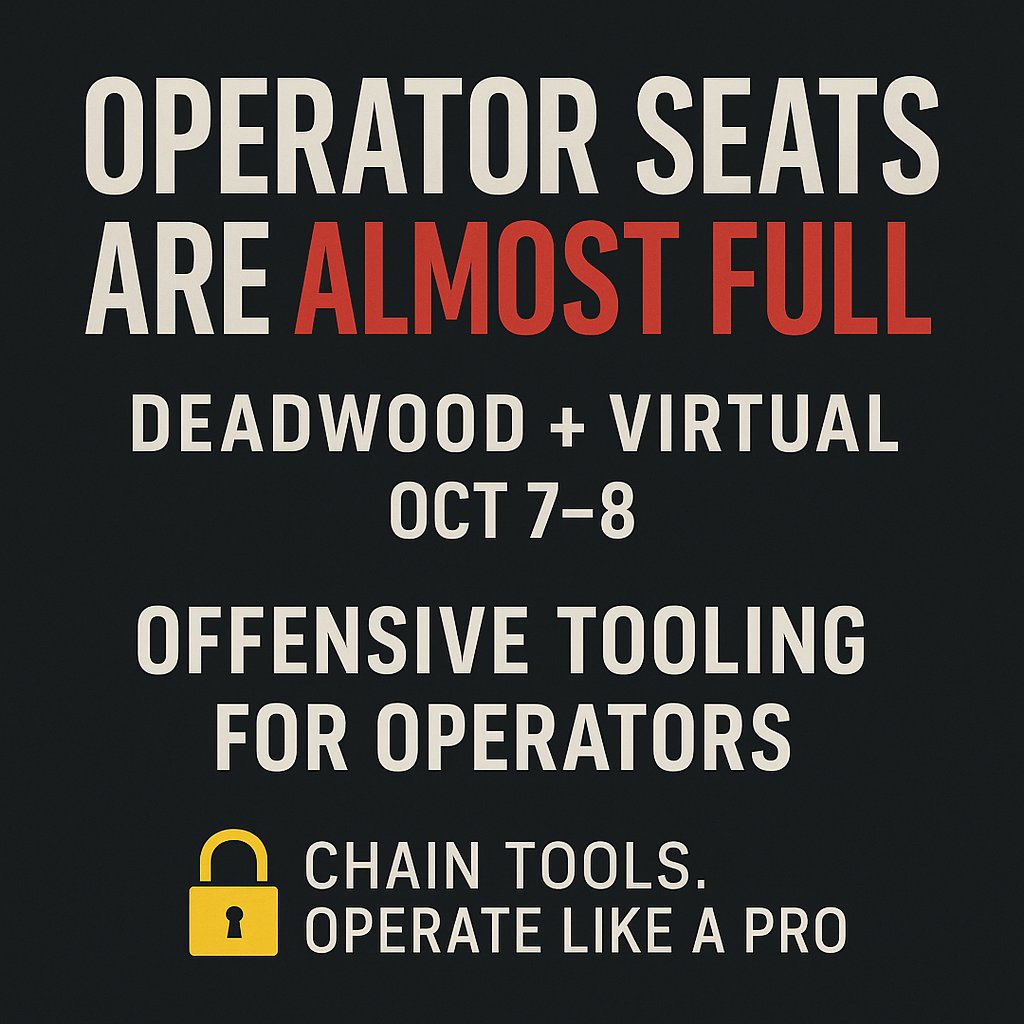 RidgebackSec's tweet image. 🔐 Final seats for Offensive Tooling for Operators w/ @cstraynor
Learn to chain BloodHound, Certipy, Coercer, and more in real operator workflows
@WWHackinFest pre-con training
🗓️ Oct 7–8
📍 Deadwood or 💻 Virtual
Don’t miss your slot → ridgebackinfosec.com/events/#wwhf-d…