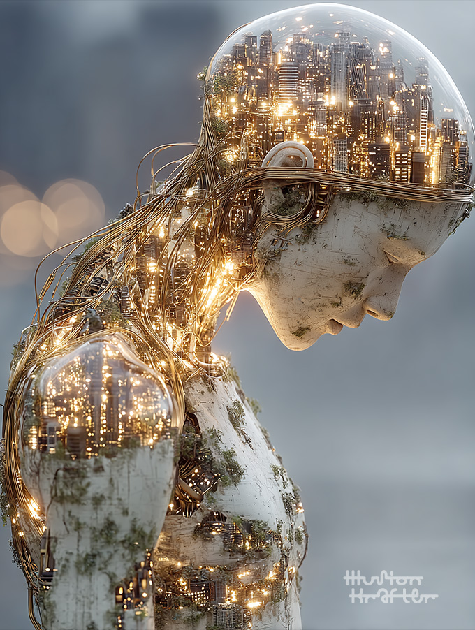 Digital Solitude: The City Within, Lost in the Shadows of Progress.