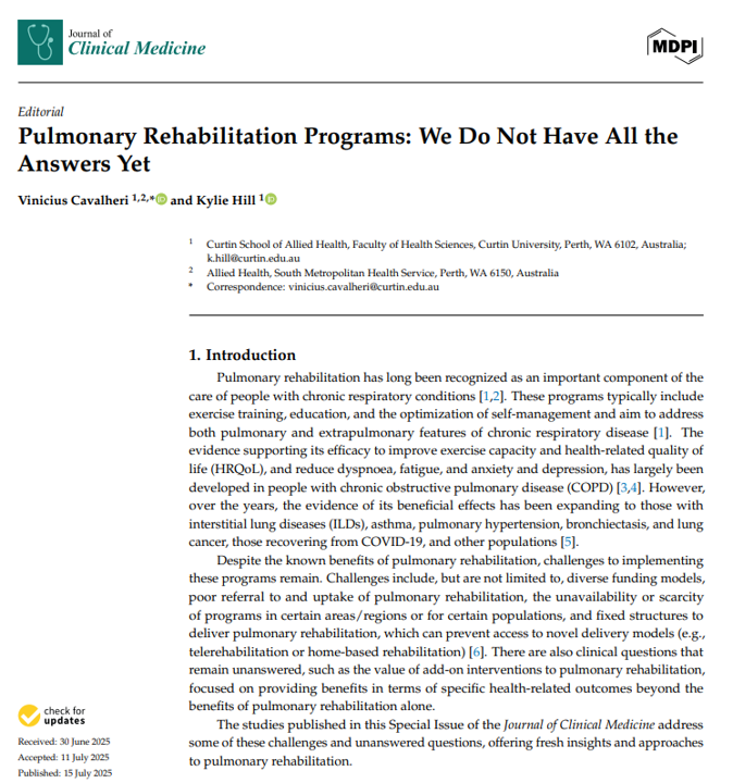 Vinicius Cavalheri (@vincavalheri) on Twitter photo 🚨 Hot off the press
Prof <a href="/KylieHill2015/">Kylie Hill</a> & I reflect on key insights + future directions in our closing editorial for the JCM Special Issue on Advances in #PulmonaryRehabilitation.
Addressing barriers to access to PR is crucial.
👉 mdpi.com/2077-0383/14/1… #PulmonaryRehab 🚨 Hot off the press
Prof <a href="/KylieHill2015/">Kylie Hill</a> & I reflect on key insights + future directions in our closing editorial for the JCM Special Issue on Advances in #PulmonaryRehabilitation.
Addressing barriers to access to PR is crucial.
👉 mdpi.com/2077-0383/14/1… #PulmonaryRehab