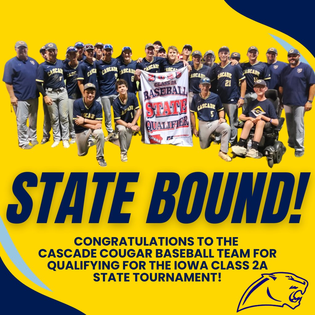 Western Dubuque CCSD (@wdbqschools) on Twitter photo STATE BOUND!
The Cascade baseball team is headed to Carroll after clinching a spot in the Iowa Class 2A State Tournament for the third time in the last four years!
Congrats to our Cougars on this tremendous achievement! Let's go, Cougars!
#wdbqschools STATE BOUND!
The Cascade baseball team is headed to Carroll after clinching a spot in the Iowa Class 2A State Tournament for the third time in the last four years!
Congrats to our Cougars on this tremendous achievement! Let's go, Cougars!
#wdbqschools