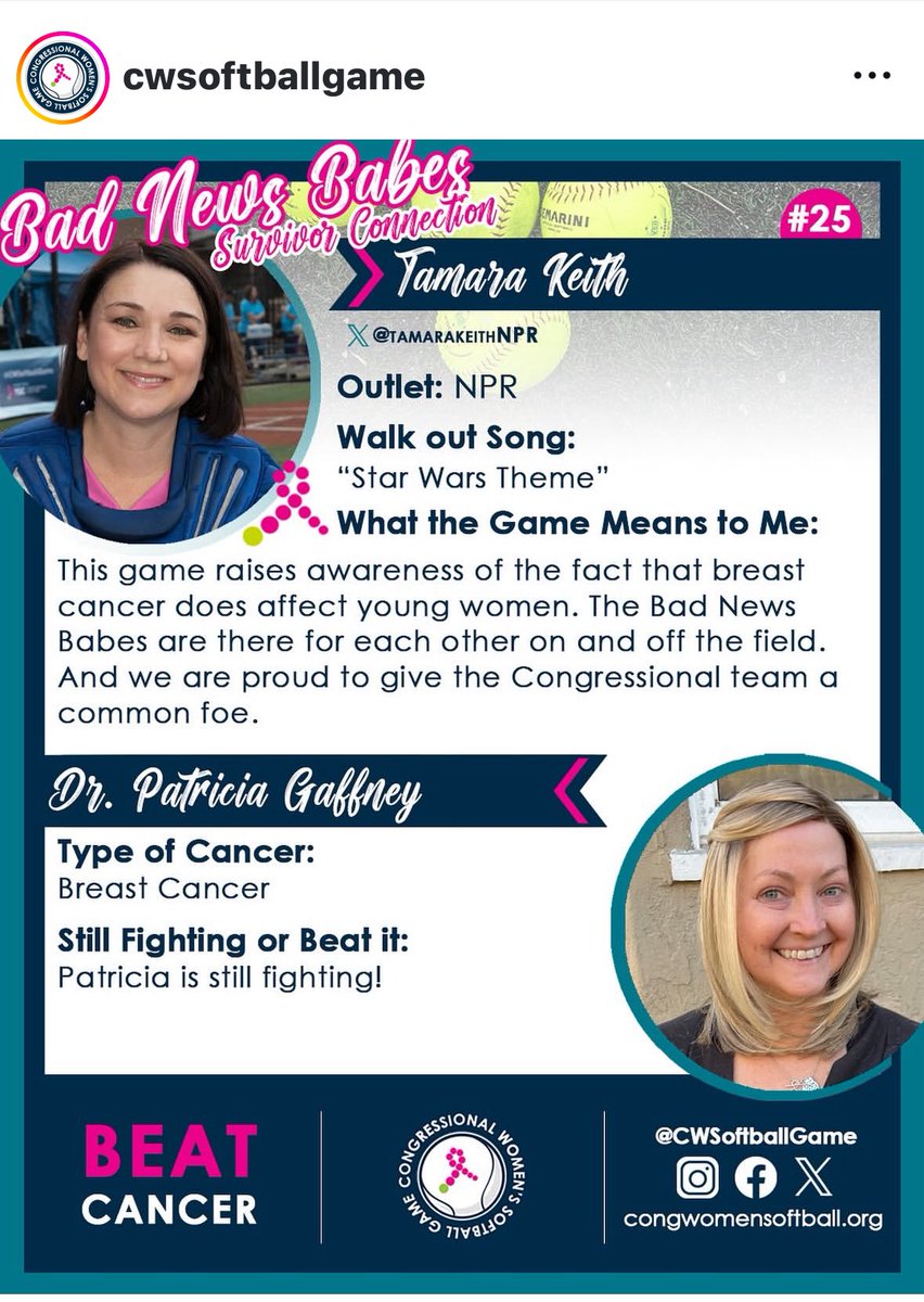 tamarakeithNPR's tweet photo. Getting hyped to #beatcancer and #beatcongress in tomorrow’s @CWSoftballGame in the memory of my friend Dr. Patricia Gaffney, who we lost to breast cancer far too soon last weekend. https://t.co/F5TuPUOwZT