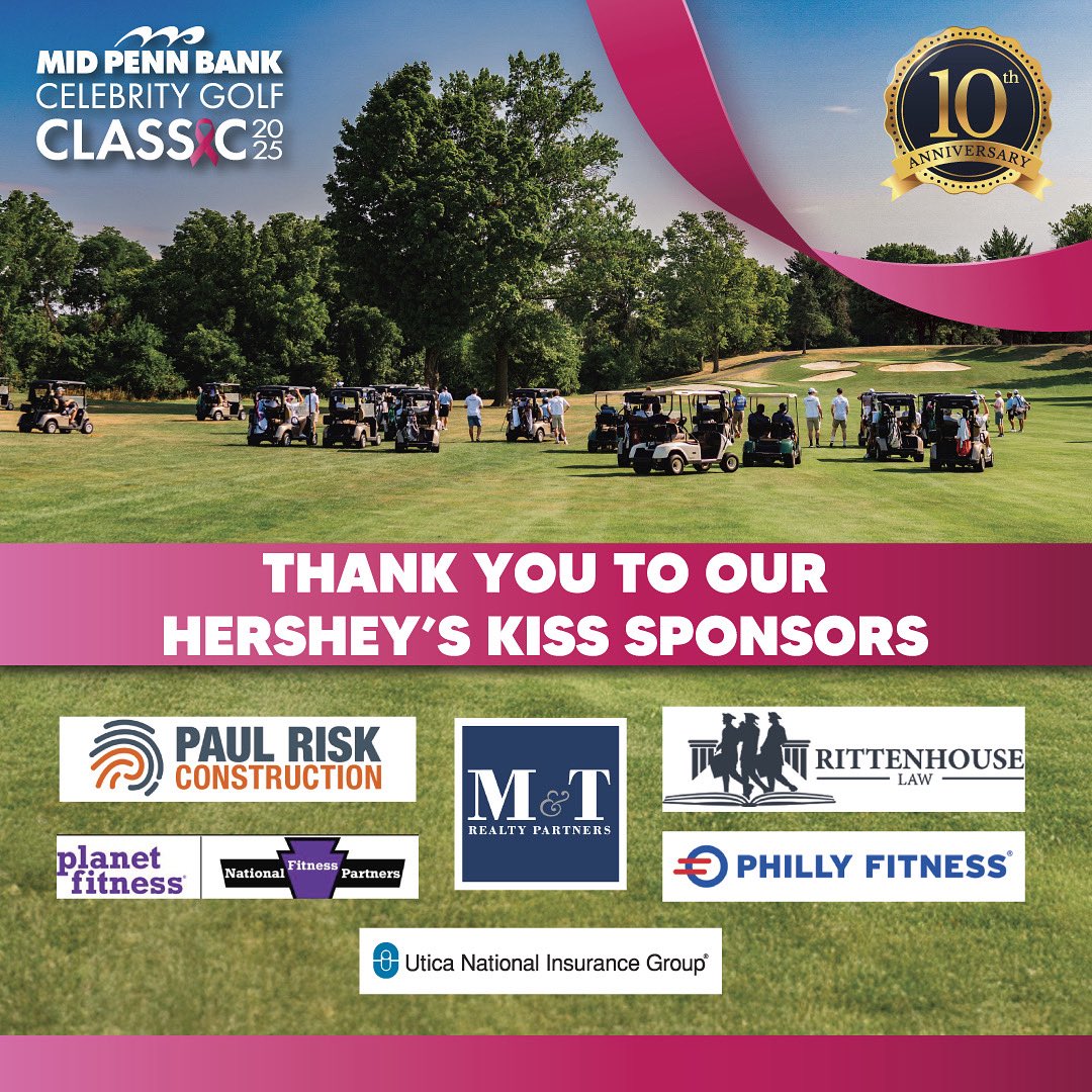MPBGolfClassic's tweet image. Thank you to our HERSHEY'S KISS sponsors of the 2025 Mid Penn Bank Celebrity Golf Classic⛳!
- Paul Risk Construction
- Planet Fitness
- M&T Realty Partners
- Utica National Insurance Group
- Rittenhouse Law
- Philly Fitness
Thank you for supporting breast cancer charities!🎀…