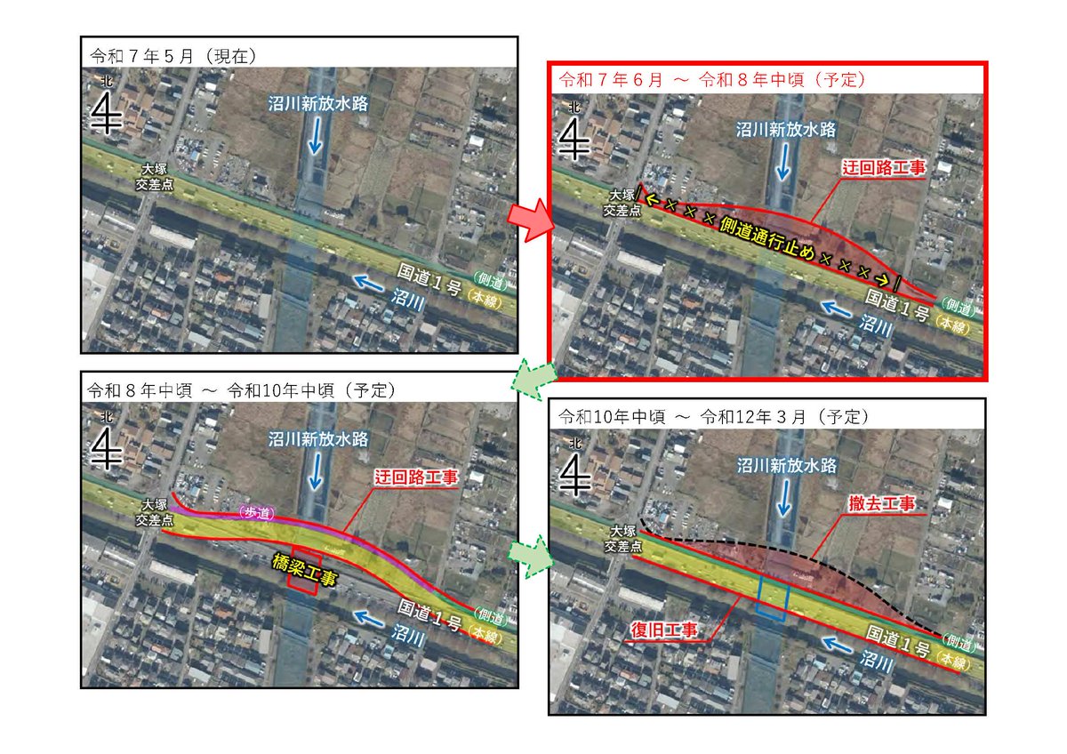 【お知らせ】令和７年７月より、沼川新放水路整備に伴い、国道１号に新たな橋を設置するため、国道１号の迂回工事に着手しました。工事期間は約５年間を予定しています。地域の皆様には御迷惑をおかけしますが、御理解・御協力をよろしくお願いいたします。
#沼津土木#静岡県