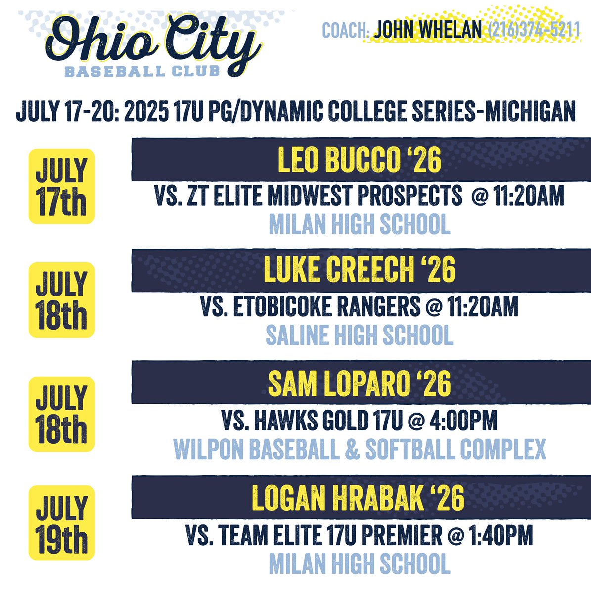 Ohio City Baseball Club (@ocbc2026) on Twitter photo OCBC on the road this week to Ann Arbor for the PG 17U Dynamic College Series Michigan.
<a href="/LeoB2026/">Leo Bucco</a> <a href="/LukeCreech1234/">Luke</a> <a href="/sam_lo10/">Sam LoParo</a> <a href="/LoganHrabak/">Logan Hrabak</a>
<a href="/PG_Tourney/">Perfect Game Tournaments</a> <a href="/PG_Scouting/">Perfect Game Scout</a> <a href="/PG_OhioValley/">Perfect Game Ohio Valley</a> OCBC on the road this week to Ann Arbor for the PG 17U Dynamic College Series Michigan.
<a href="/LeoB2026/">Leo Bucco</a> <a href="/LukeCreech1234/">Luke</a> <a href="/sam_lo10/">Sam LoParo</a> <a href="/LoganHrabak/">Logan Hrabak</a>
<a href="/PG_Tourney/">Perfect Game Tournaments</a> <a href="/PG_Scouting/">Perfect Game Scout</a> <a href="/PG_OhioValley/">Perfect Game Ohio Valley</a>