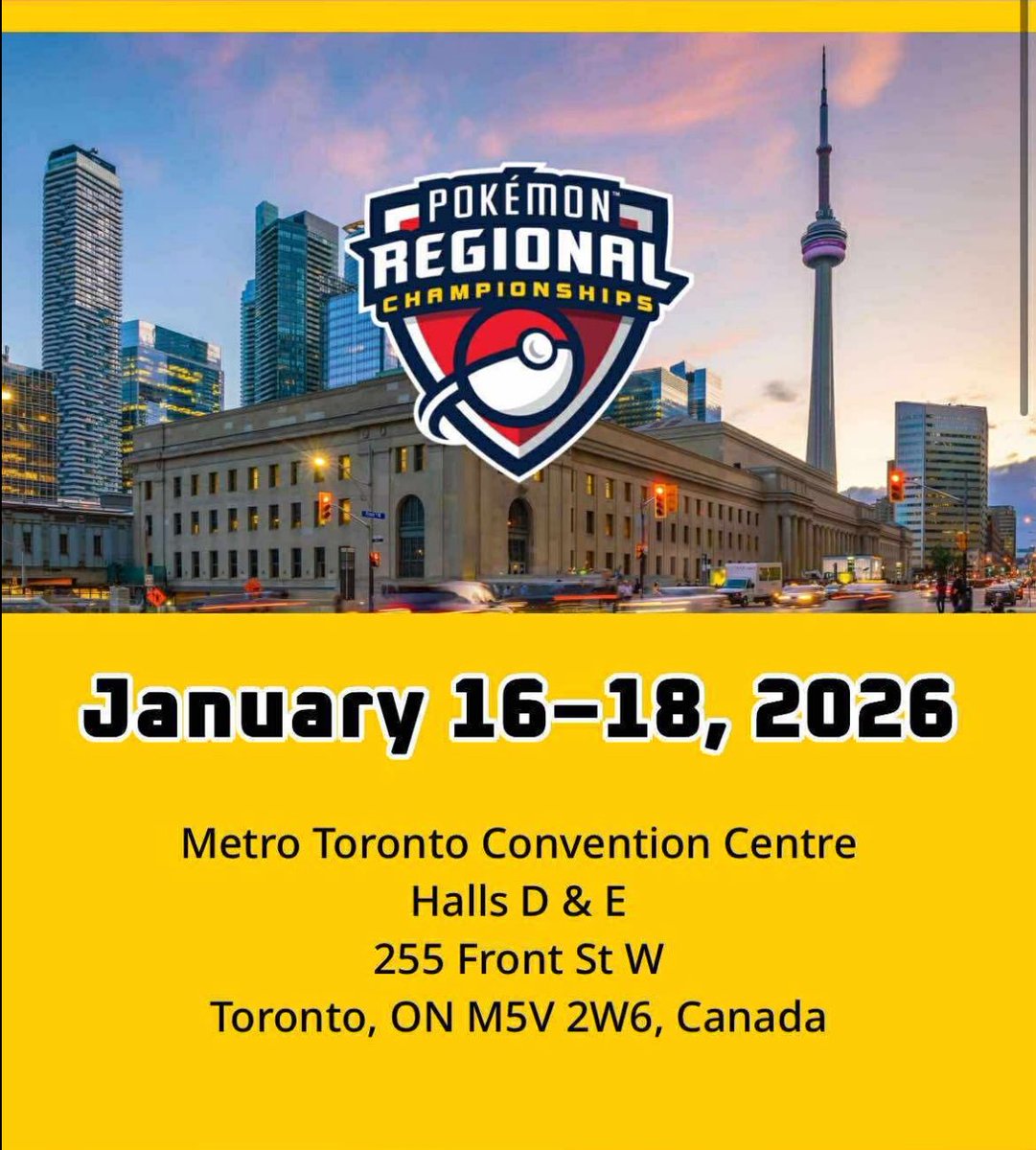 StuartPTCG's tweet image. Let’s go! Toronto Regionals is officially set for January 16–18, 2026 🇨🇦
Always love having a major event right here in my home country. Definitely one I’ll be prepping hard for.
Who else is planning to play Toronto this season?
#PokemonTCG #PlayPokemon