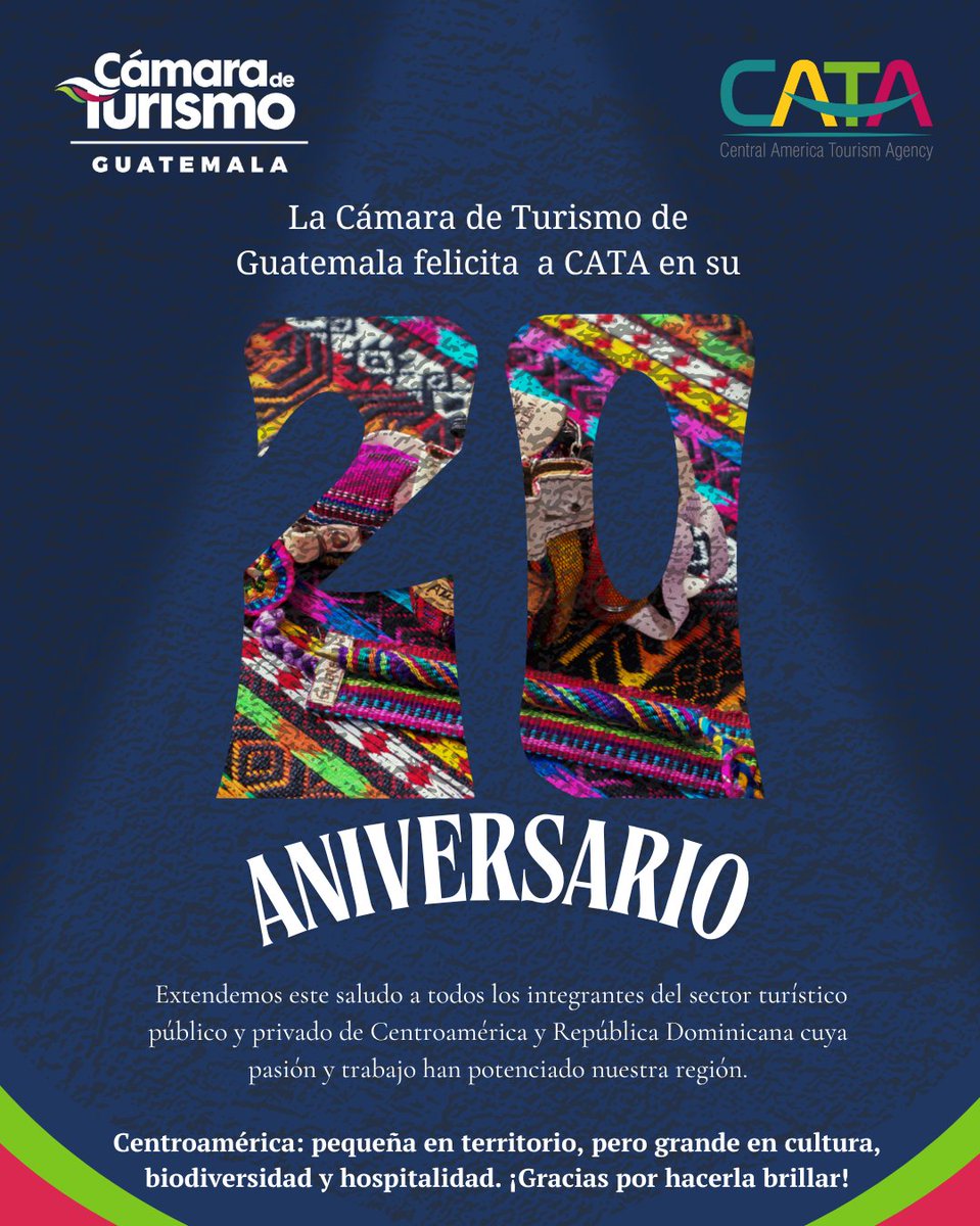 La Cámara de Turismo de Guatemala felicita  a <a href="/CATA_AgenciaCA/">CATA Centroamérica</a>  en su 20º aniversario. 🎉

#CATA20Años #CATA