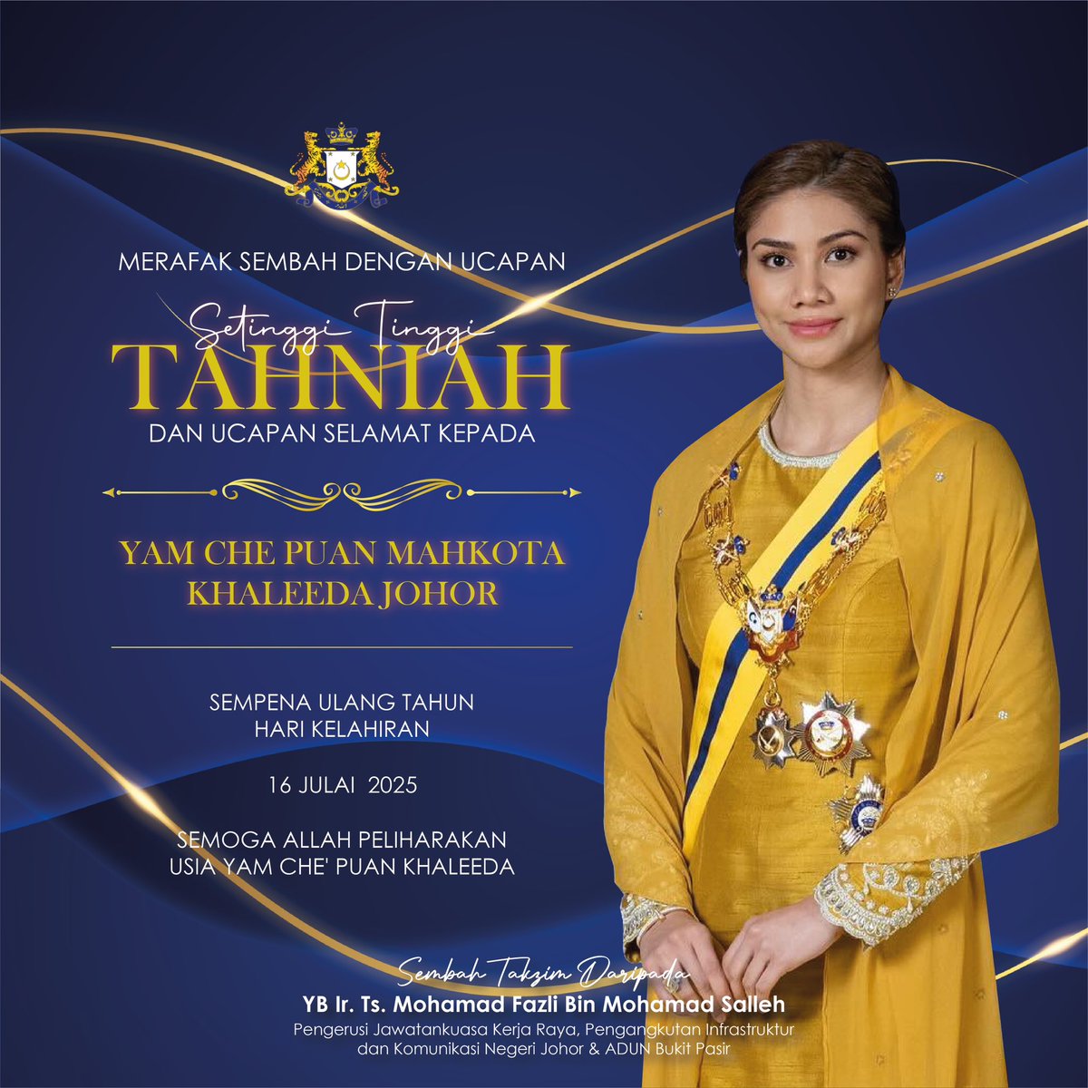 Merafak sembah dengan ucapan setinggi-tinggi tahniah serta ucap selamat kepada Yang Amat Mulia Che’ Puan Mahkota Khaleeda Johor sempena Ulang Tahun Hari Kelahiran pada 16 Julai 2025.

Semoga Allah SWT peliharakan usia YAM Che’ Puan dan sentiasa dikurniakan rahmatNya.

Sembah