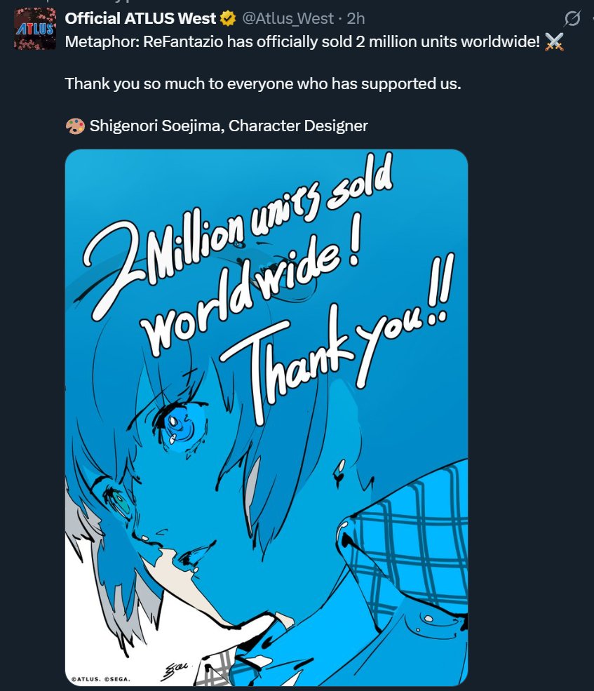 PlayerEssence's tweet image. ATLUS double confirms Metraphor ReFantazio has sold over 2 million units worldwide.
Hopefully there's DLC and a Switch 2 port next up, it's one of my favorite games of all-time 🔥