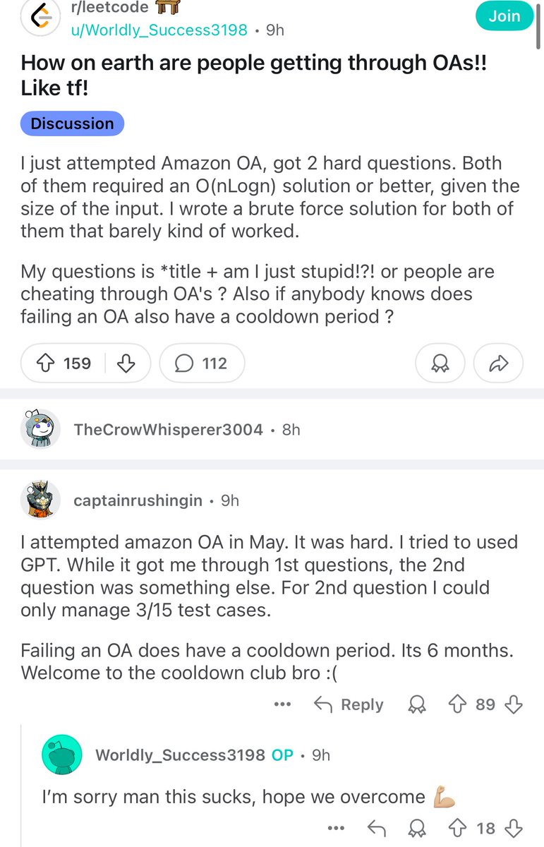 realism_fan's tweet image. > zoomer CS grad
> can’t get job
> attempt Amazon online assessment with ChatGPT
> fail
> 6 month cooldown