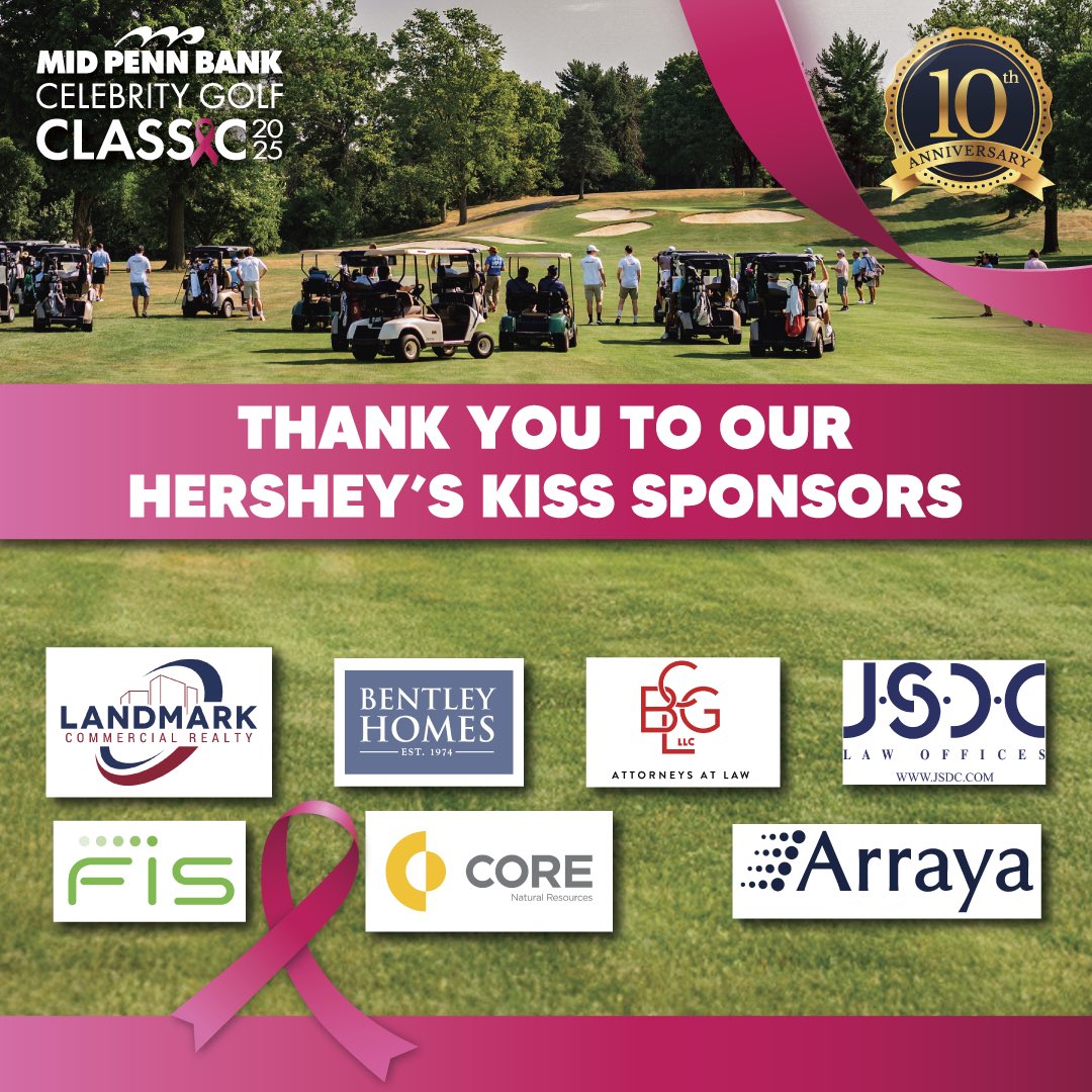 MPBGolfClassic's tweet image. Thank you to our HERSHEY'S KISS sponsors of the 2025 Mid Penn Bank Celebrity Golf Classic⛳!
- Landmark Commercial Realty
- FIS
- Bentley Homes
- Core Natural Resources
- BCGL Attorneys at Law
- JSDC Law Offices
- Arraya
Thank you for supporting breast cancer charities! 🎀…