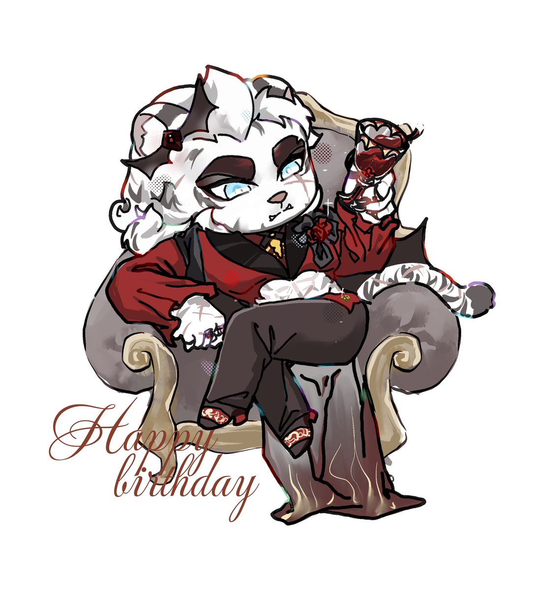 devotion116's tweet image. #明日方舟山
祝安东尼先生 生日快乐🎂，今年是尝试画的吸血鬼主题的生贺^_^

-血色盛宴-
家族的灭亡，仇敌的迫害，也许吸血鬼的世界没那么多被禁锢的自由，敌人的血液也可以滋养过去的伤疤。

2025.7.16