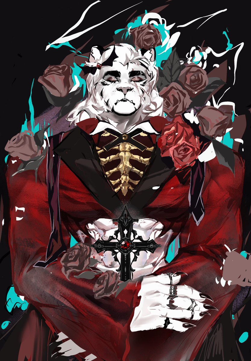 devotion116's tweet image. #明日方舟山
祝安东尼先生 生日快乐🎂，今年是尝试画的吸血鬼主题的生贺^_^

-血色盛宴-
家族的灭亡，仇敌的迫害，也许吸血鬼的世界没那么多被禁锢的自由，敌人的血液也可以滋养过去的伤疤。

2025.7.16