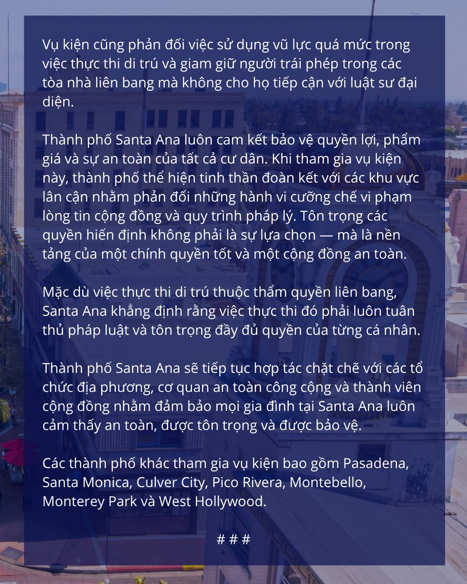 Thành phố Santa Ana tham gia kiện chính quyền liên bang để bảo vệ cư dân khỏi các biện pháp thực thi di trú vi phạm hiến pháp

santa-ana.org/city-of-santa-…