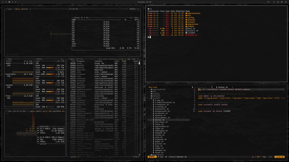 dhh's tweet image. Omarchy 1.4 is out. New matte black theme, third-party theme installer, Omarchy TUI, and a ton more. github.com/basecamp/omarc…