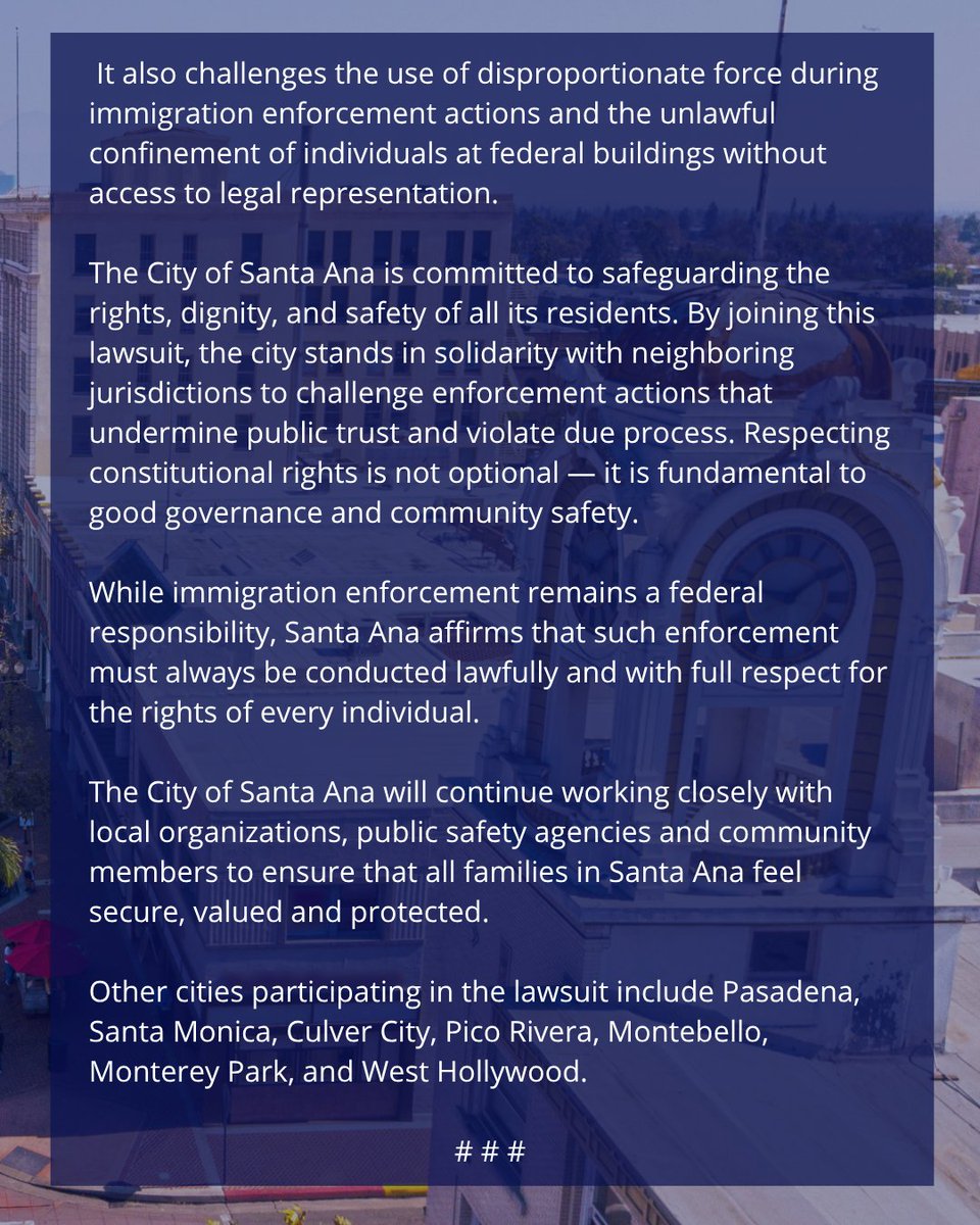 City of Santa Ana joins federal lawsuit to protect residents from unconstitutional immigration enforcement actions

Read the press release:
santa-ana.org/city-of-santa-…